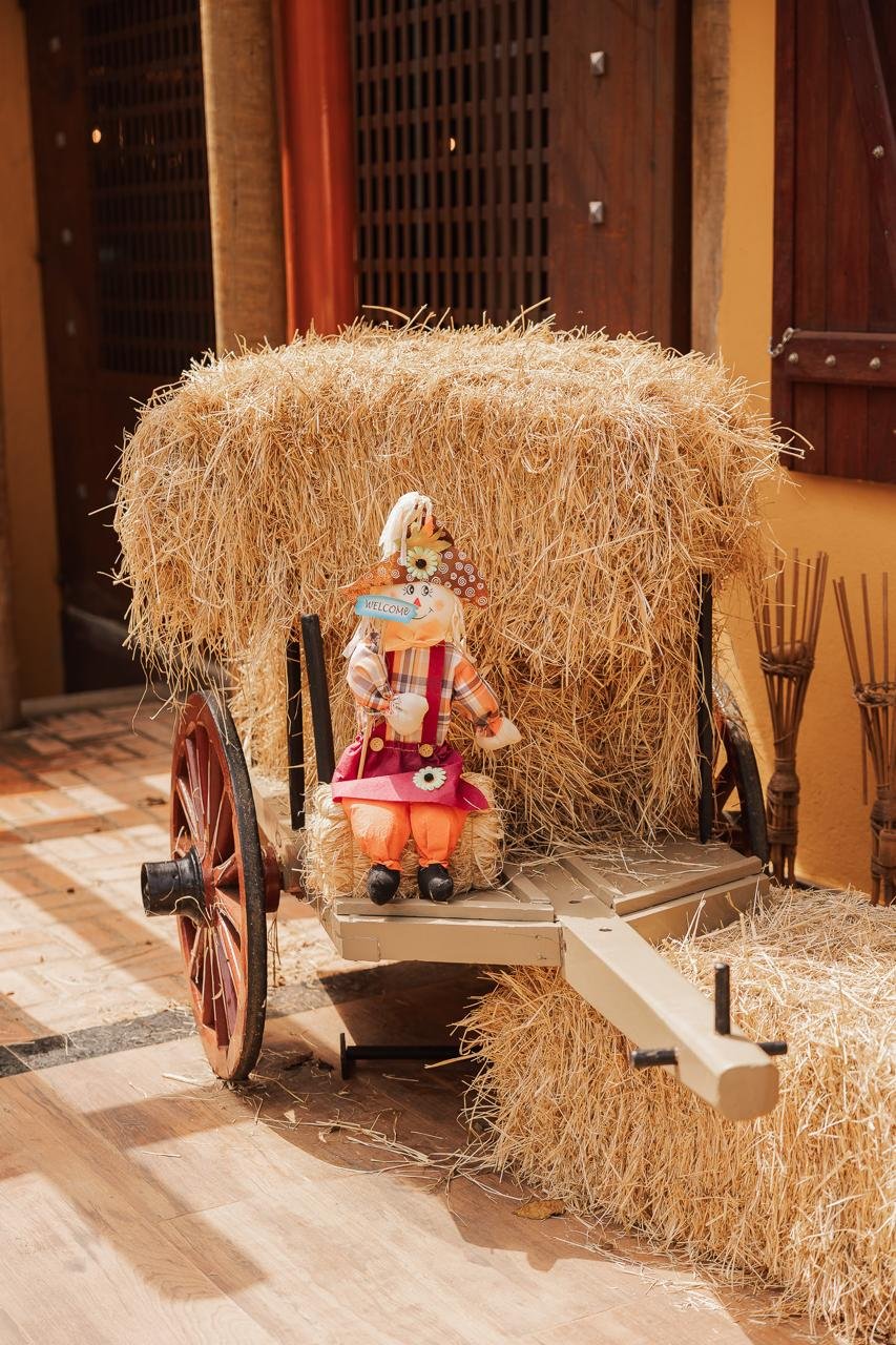 Carroça antiga decorativa na área externa do restaurante